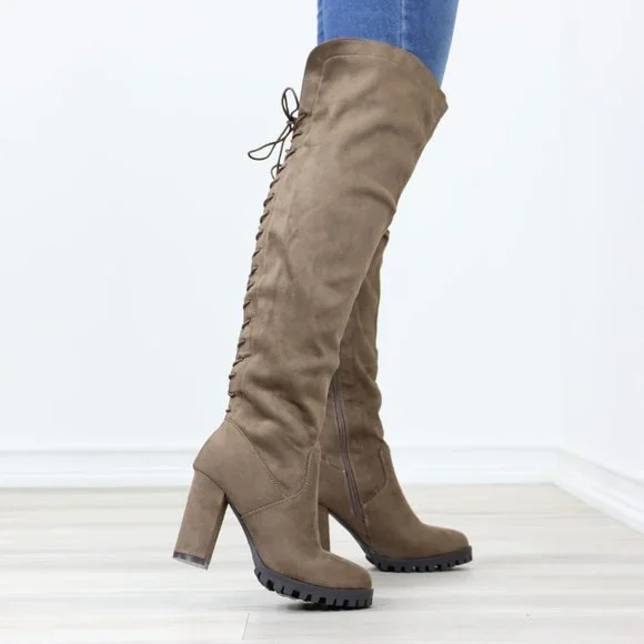 Lace-Up Back Taupe Faux Suede Thigh High Over The Knee Lug Block Heeled Boot - Picture 6 of 14